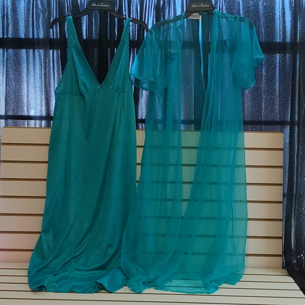 🧚 Vintage Lingerie Set: Anthony Richards Teal Blue Slip Dress and Peignoir Set